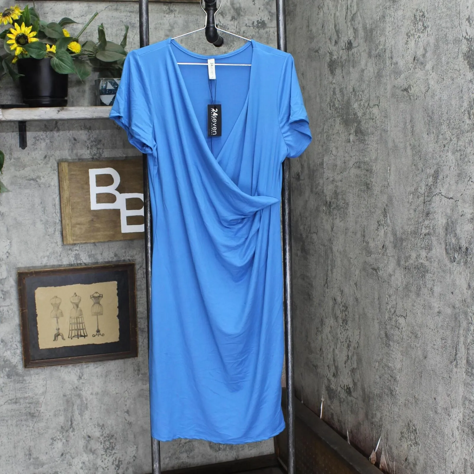 24seven Comfort Apparel Womens Faux Wrap over Dress with Cap Sleeves R0206184