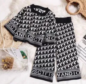2pcs Baby Girls Houndstooth Sweater And Wide Leg Pants Set, Fashionable Knit Outfit   S4955061