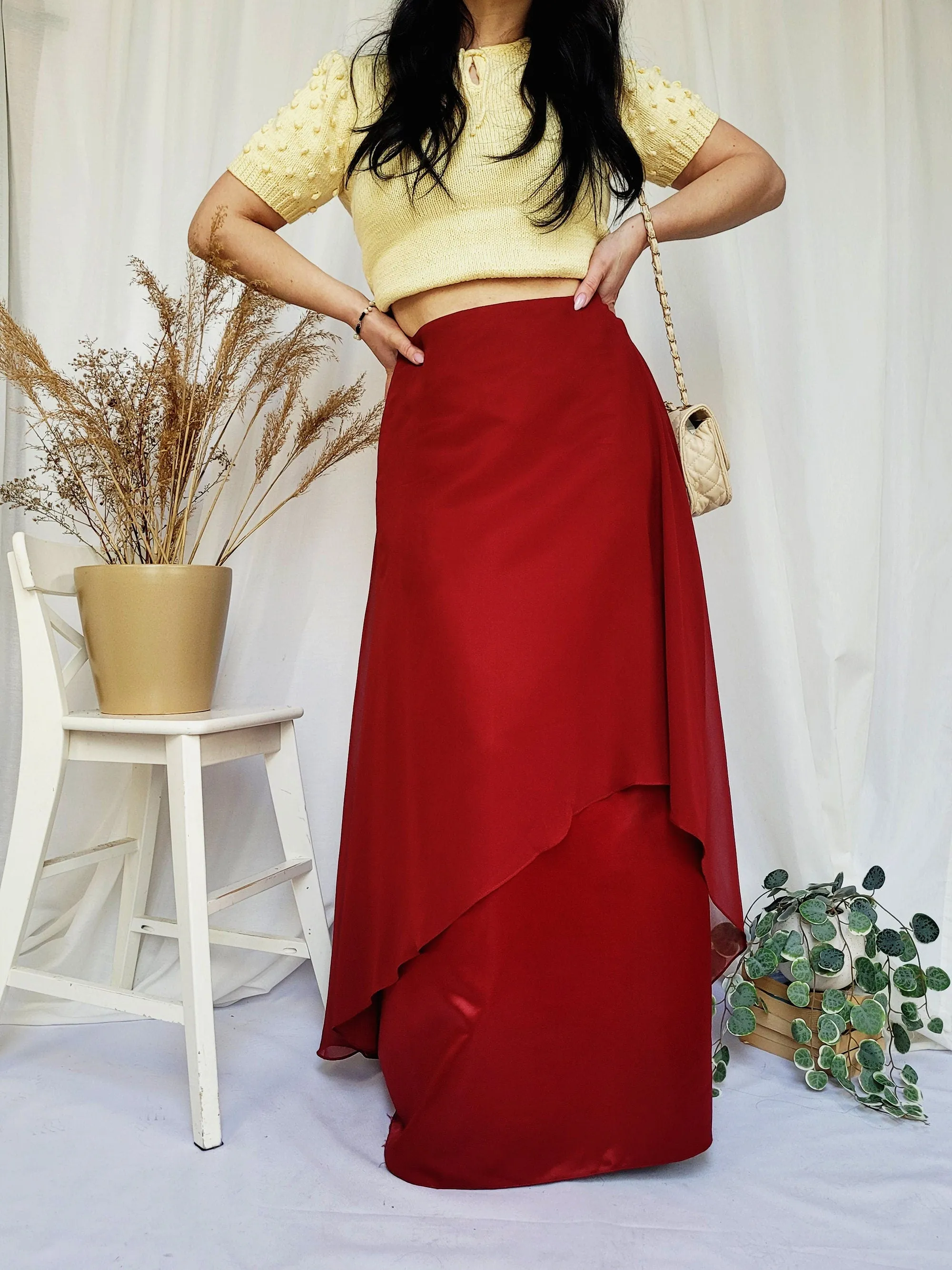 90s vintage burgundy layered minimalist maxi Prom skirt
