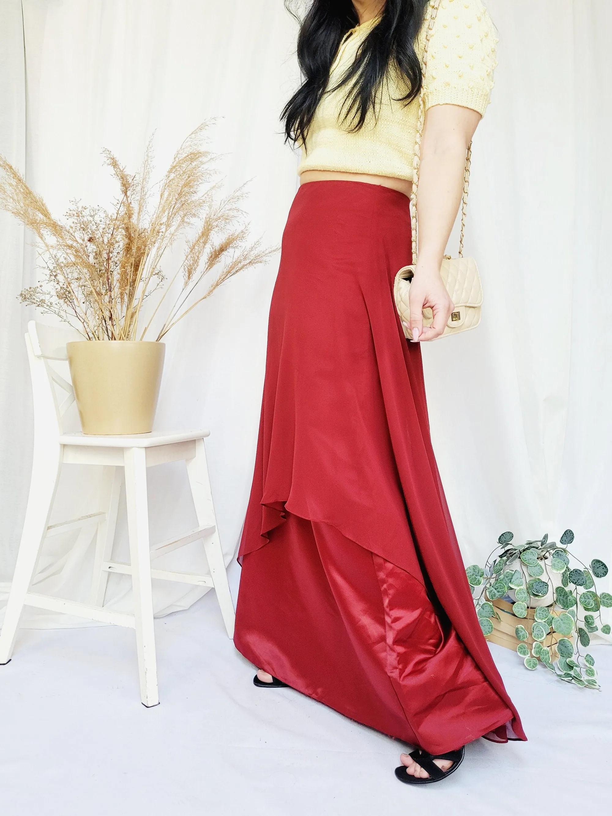 90s vintage burgundy layered minimalist maxi Prom skirt