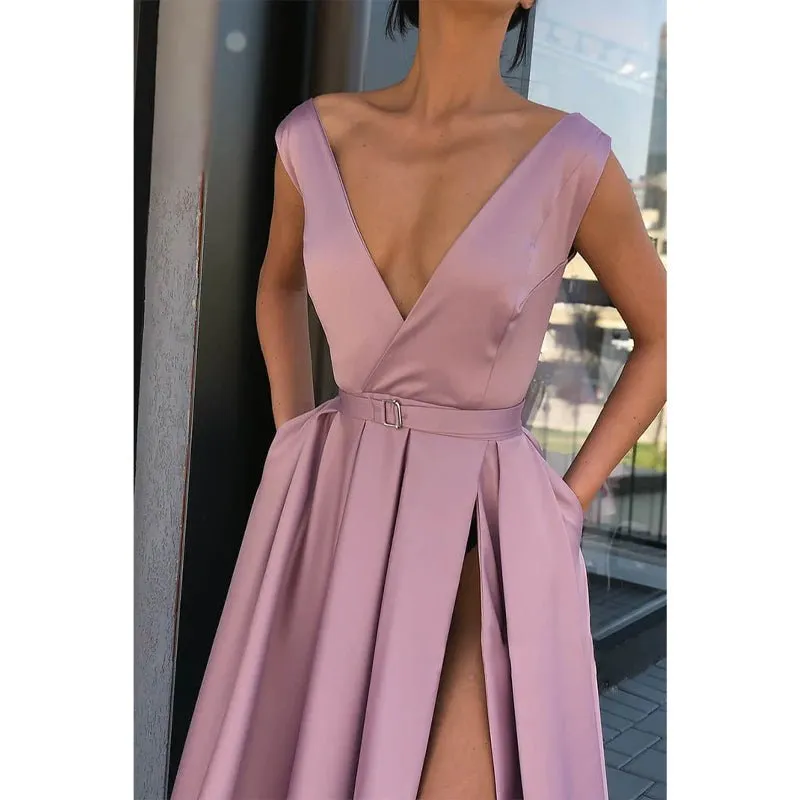A-line Deep V-neck Red Satin High Split Long Prom Dress with Pockets
