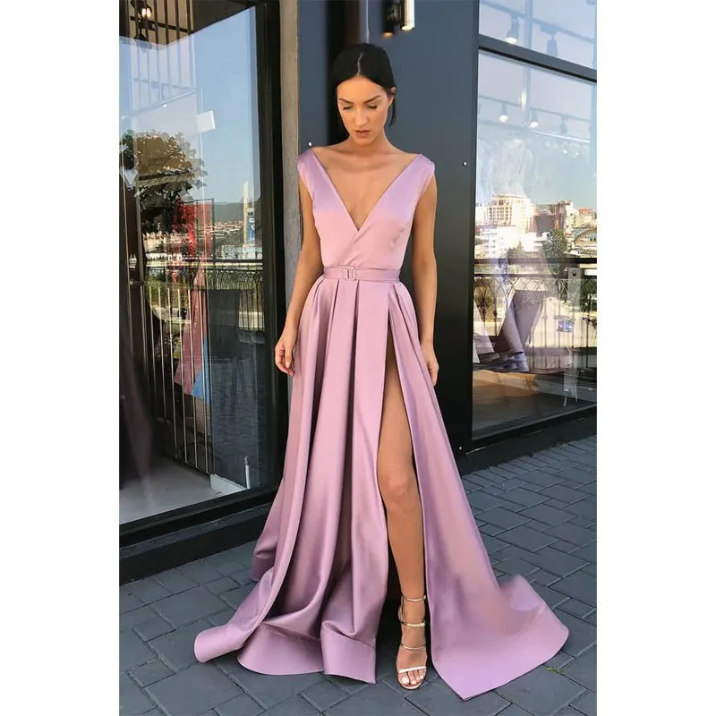 A-line Deep V-neck Red Satin High Split Long Prom Dress with Pockets