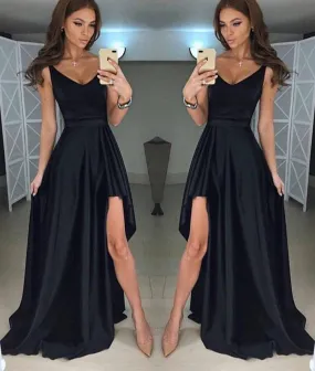 A Line V Neck Asymmetry Floor Length Black Prom Dresses with Pleats, V Neck Black Formal Evening Dresses, Black Graduation Dresses