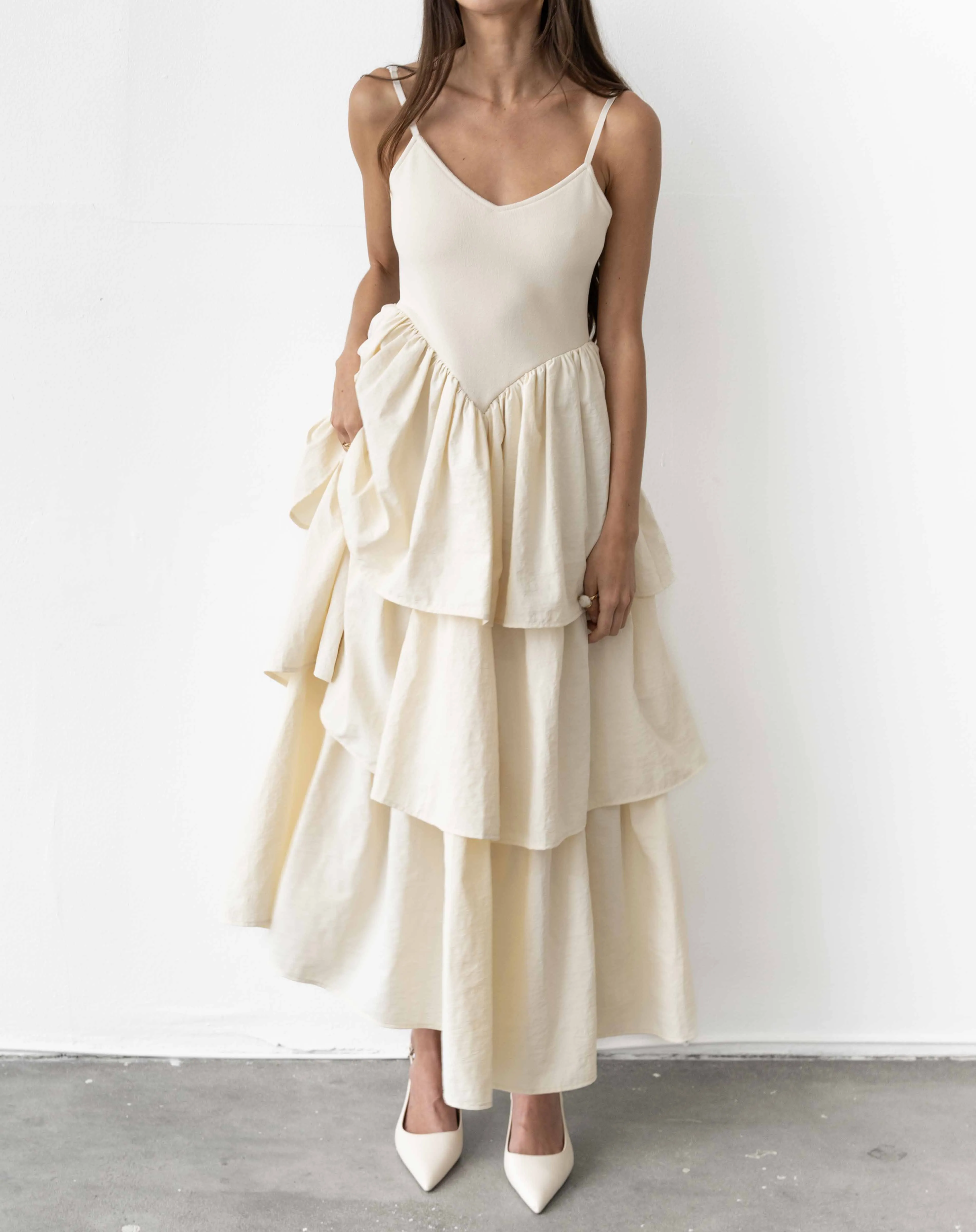 Andrea Basque Low Waist Dress, Ivory