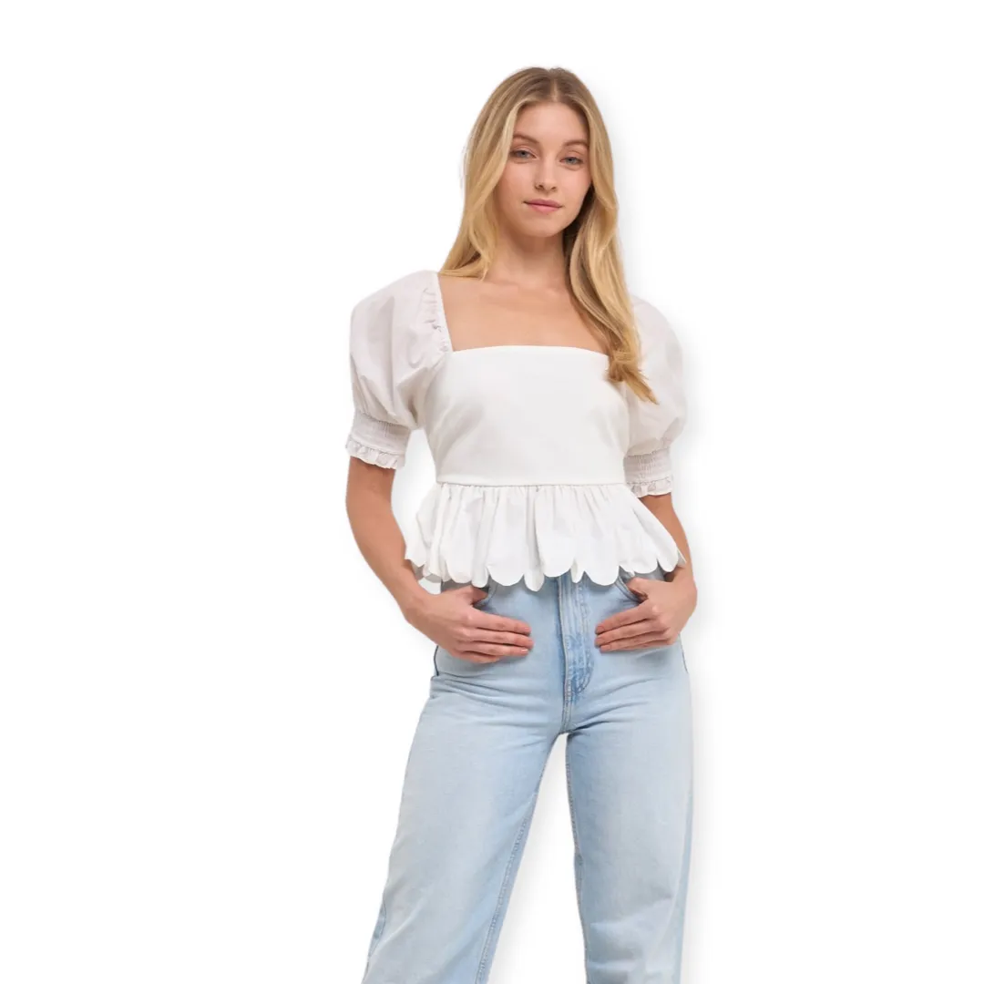 Apparel- English Factory Mixed Media Scalloped Edge Top