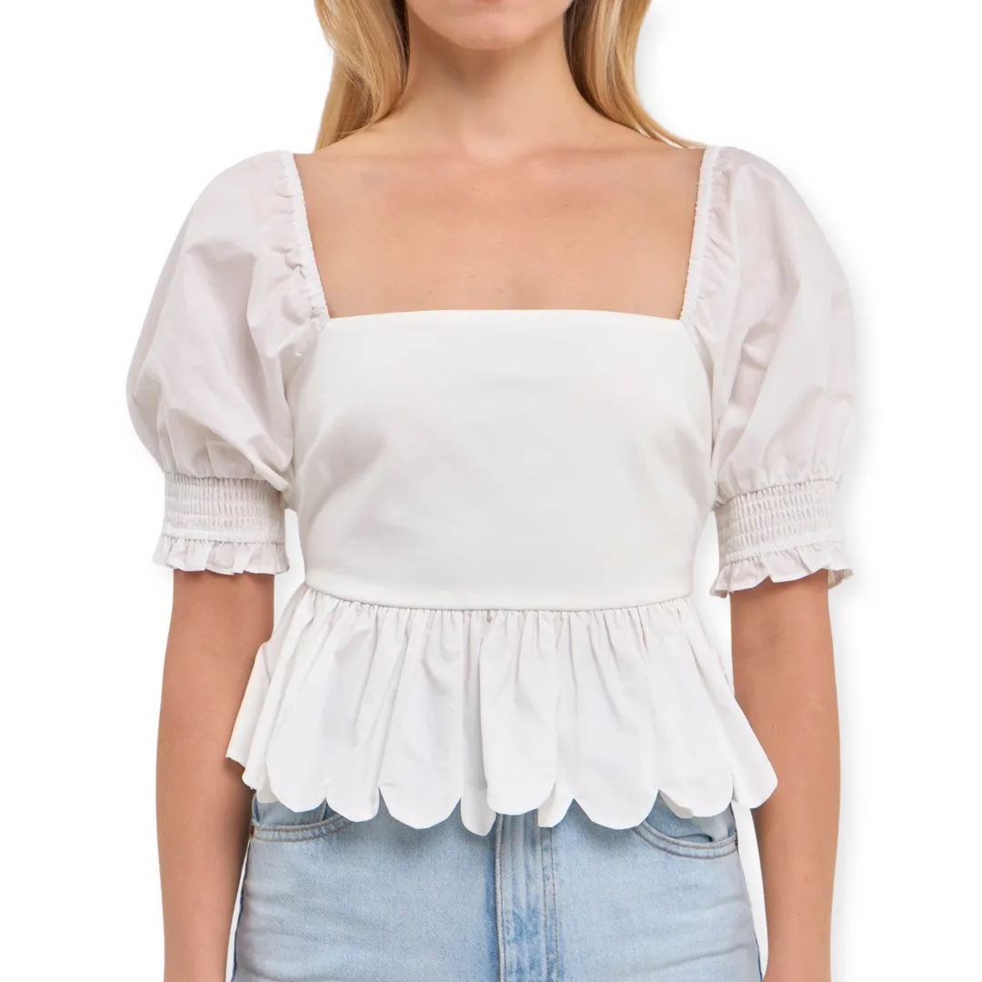 Apparel- English Factory Mixed Media Scalloped Edge Top