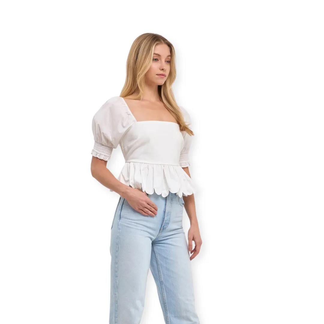 Apparel- English Factory Mixed Media Scalloped Edge Top