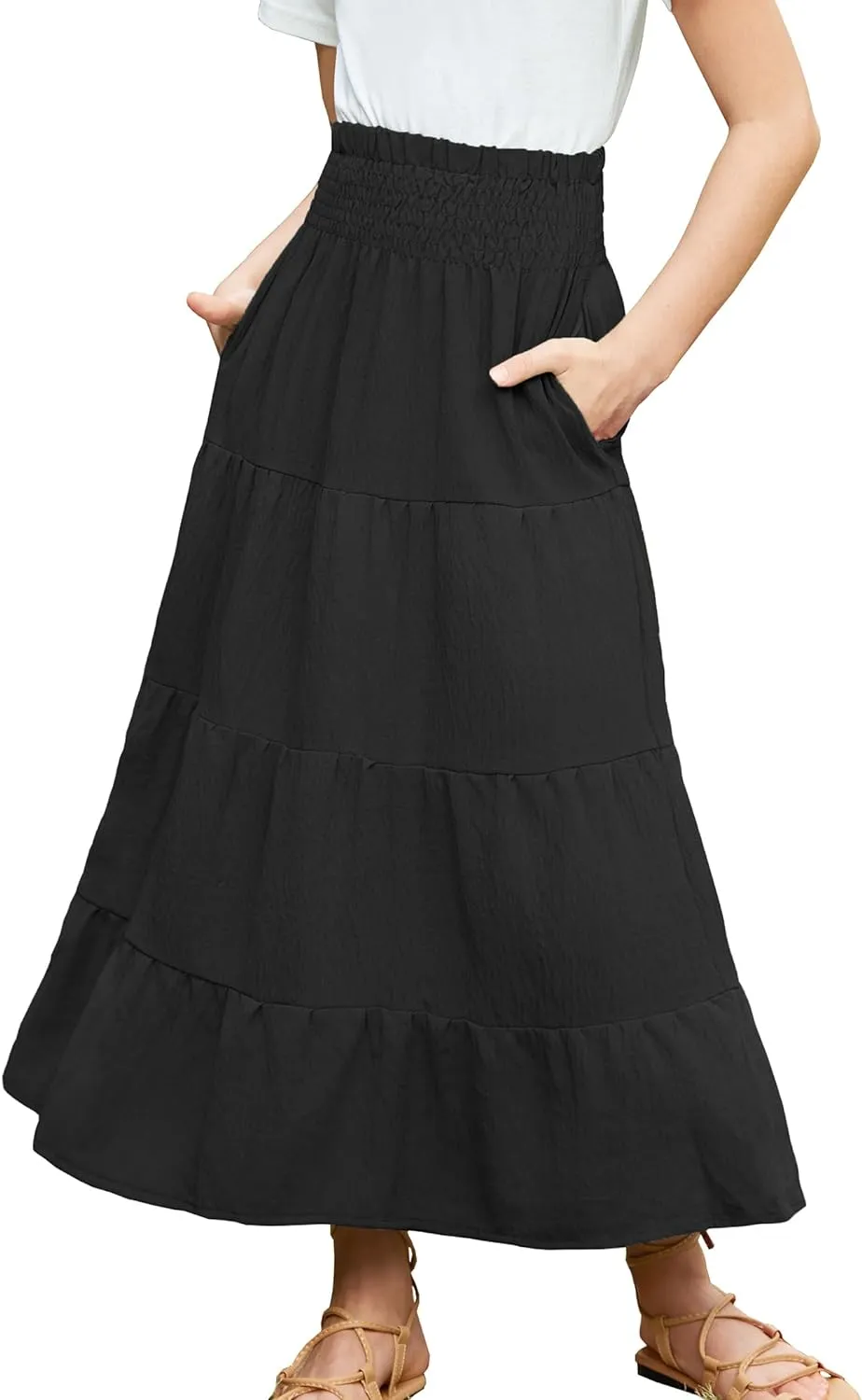 Arshiner Girls Maxi Skirt Summer Linen High Waist Tiered Boho Skirts with Pockets