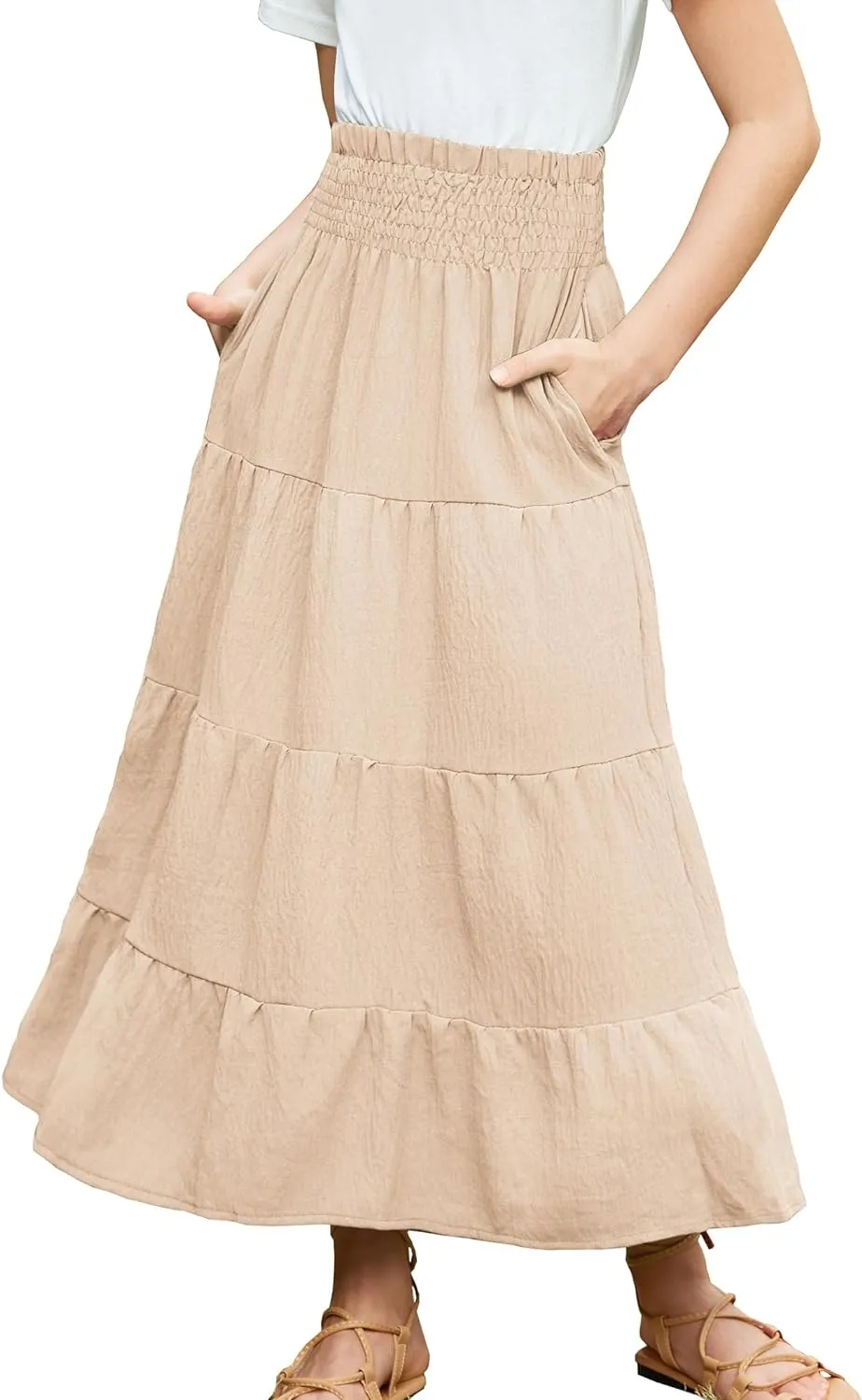 Arshiner Girls Maxi Skirt Summer Linen High Waist Tiered Boho Skirts with Pockets