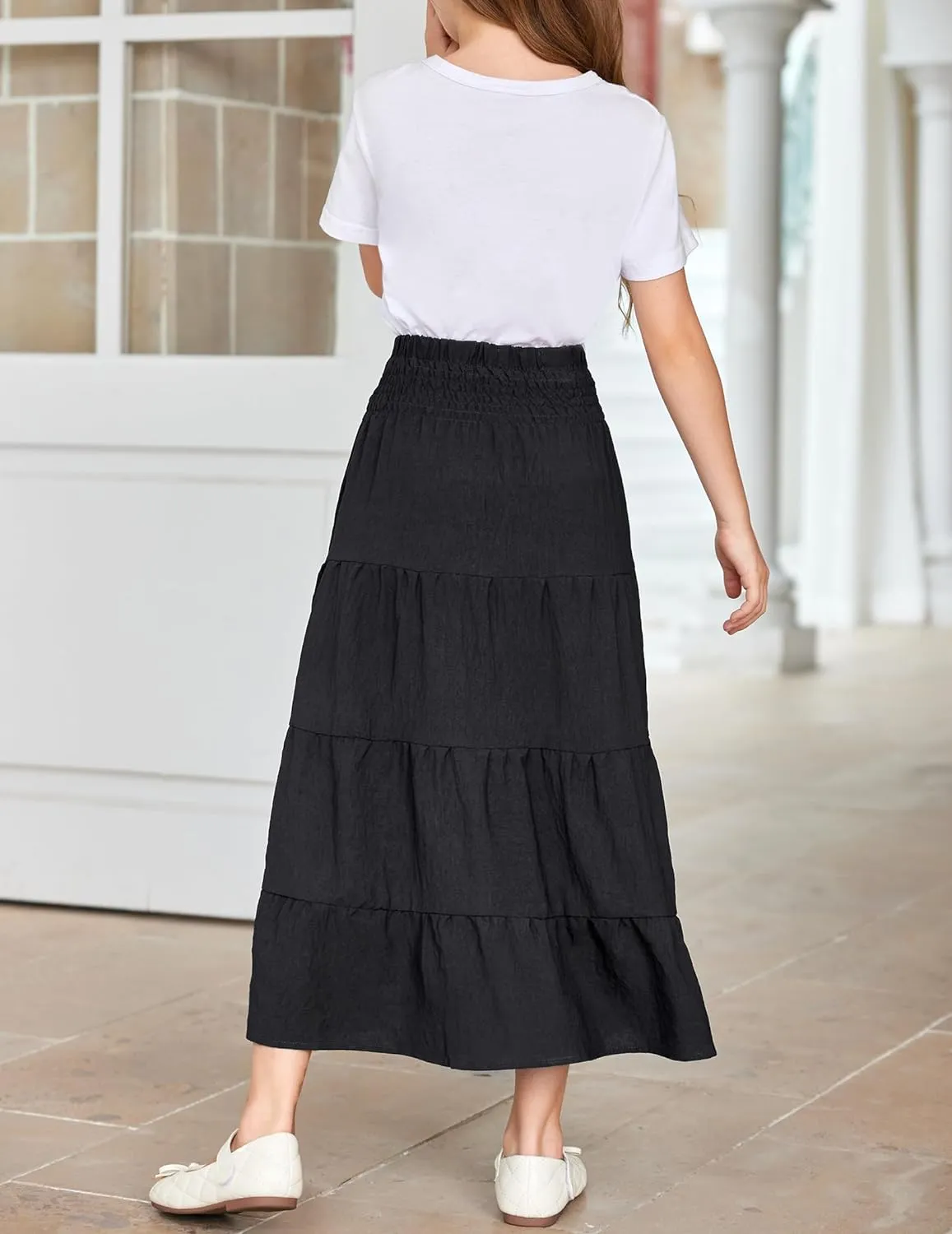 Arshiner Girls Maxi Skirt Summer Linen High Waist Tiered Boho Skirts with Pockets