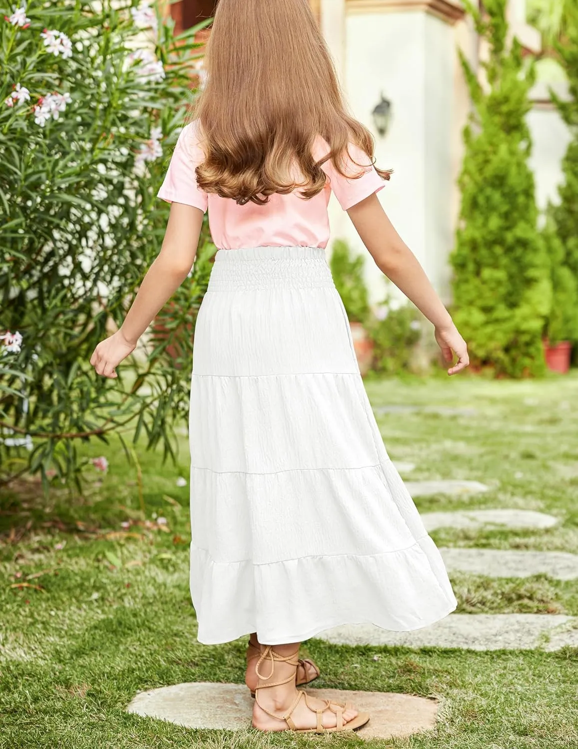Arshiner Girls Maxi Skirt Summer Linen High Waist Tiered Boho Skirts with Pockets