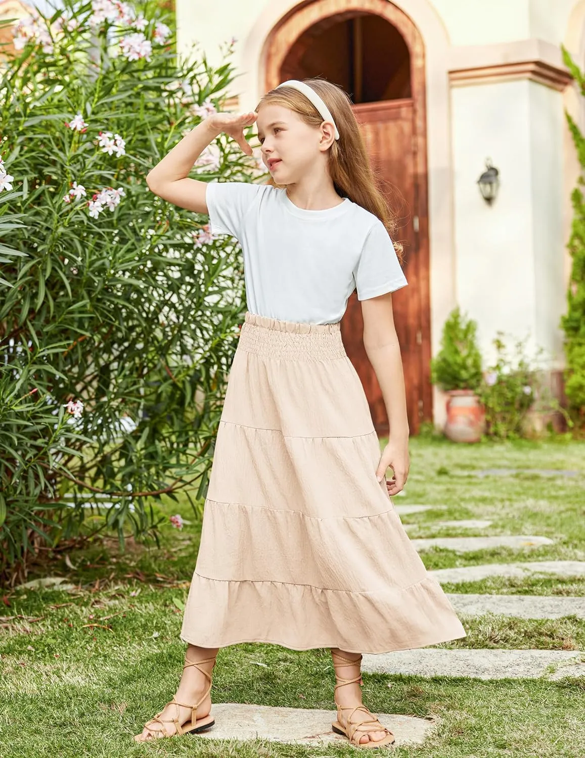Arshiner Girls Maxi Skirt Summer Linen High Waist Tiered Boho Skirts with Pockets