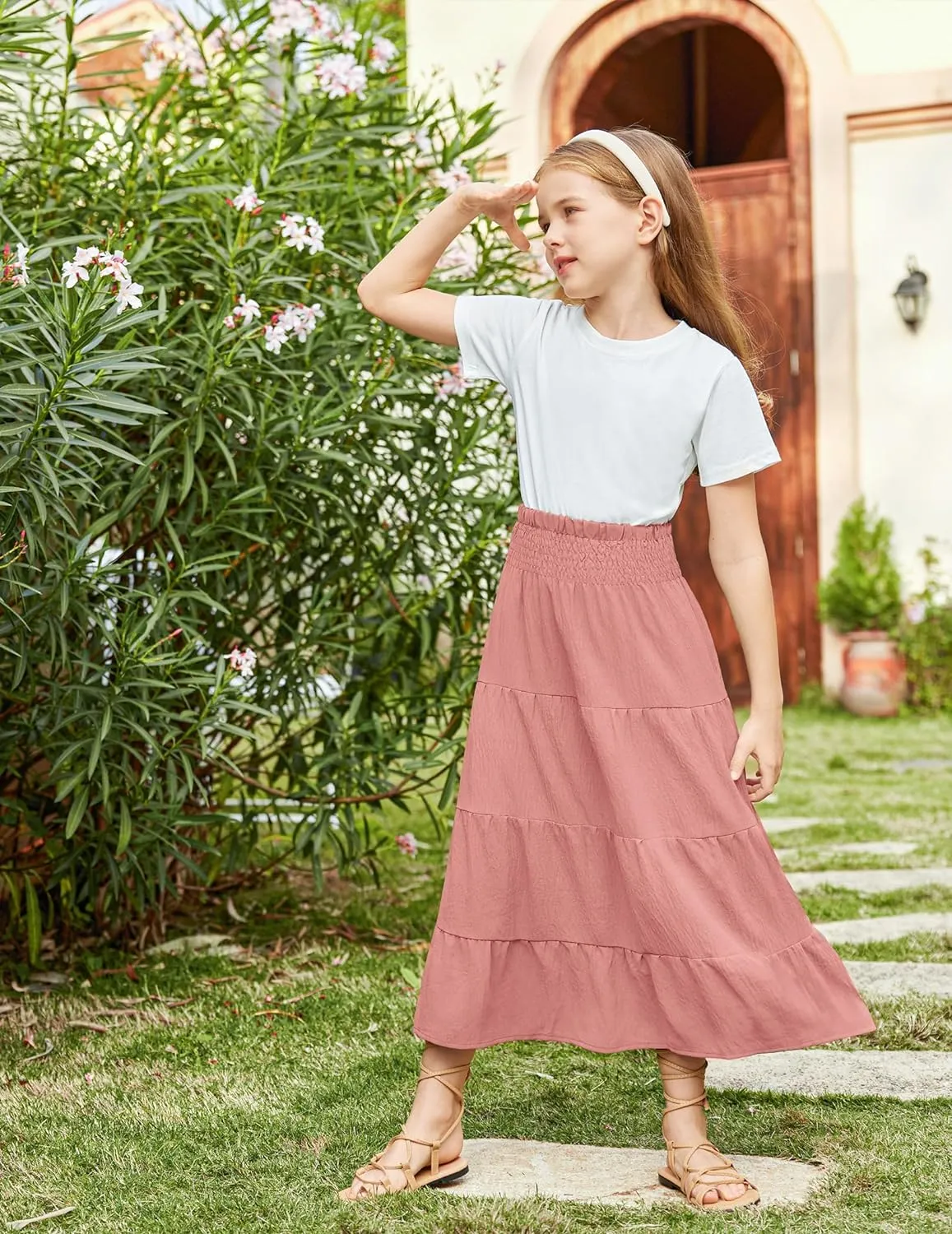 Arshiner Girls Maxi Skirt Summer Linen High Waist Tiered Boho Skirts with Pockets