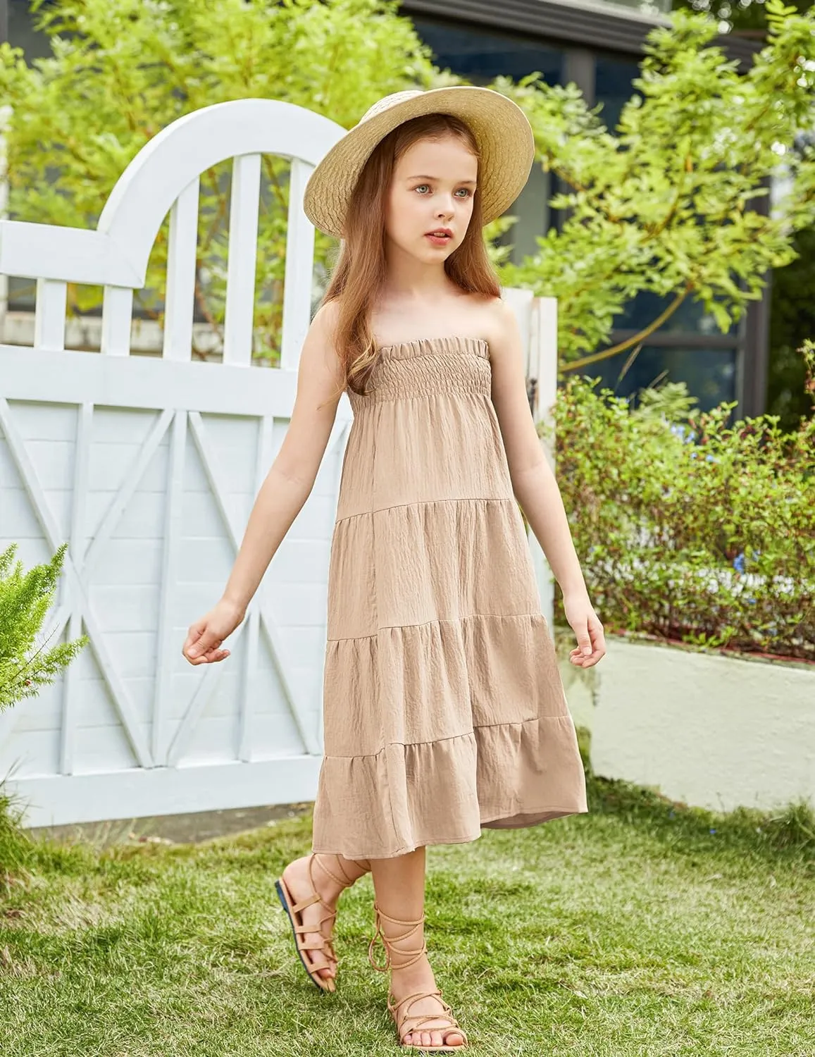 Arshiner Girls Maxi Skirt Summer Linen High Waist Tiered Boho Skirts with Pockets