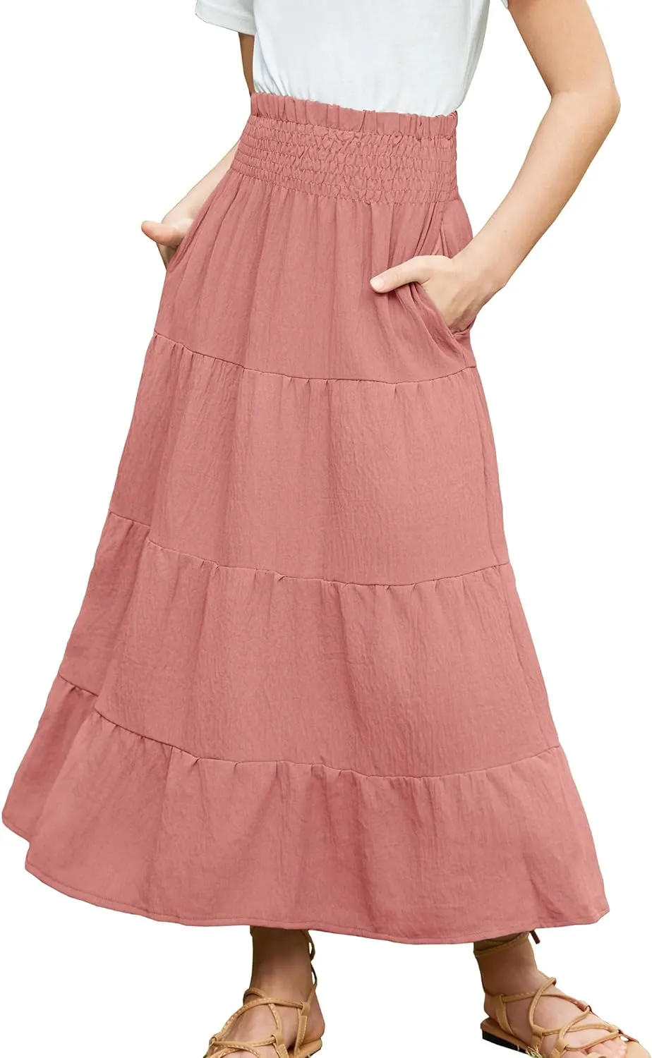 Arshiner Girls Maxi Skirt Summer Linen High Waist Tiered Boho Skirts with Pockets