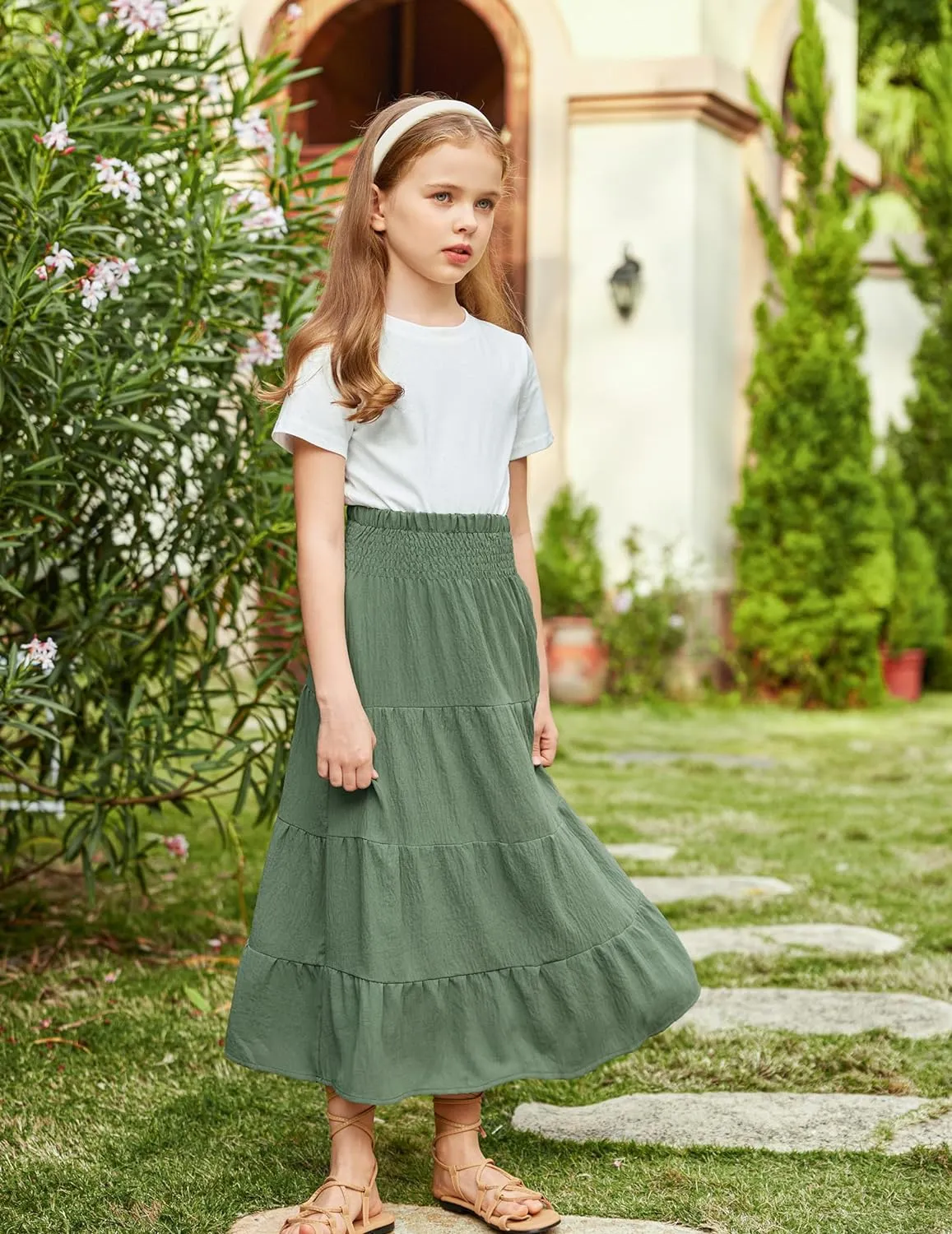 Arshiner Girls Maxi Skirt Summer Linen High Waist Tiered Boho Skirts with Pockets