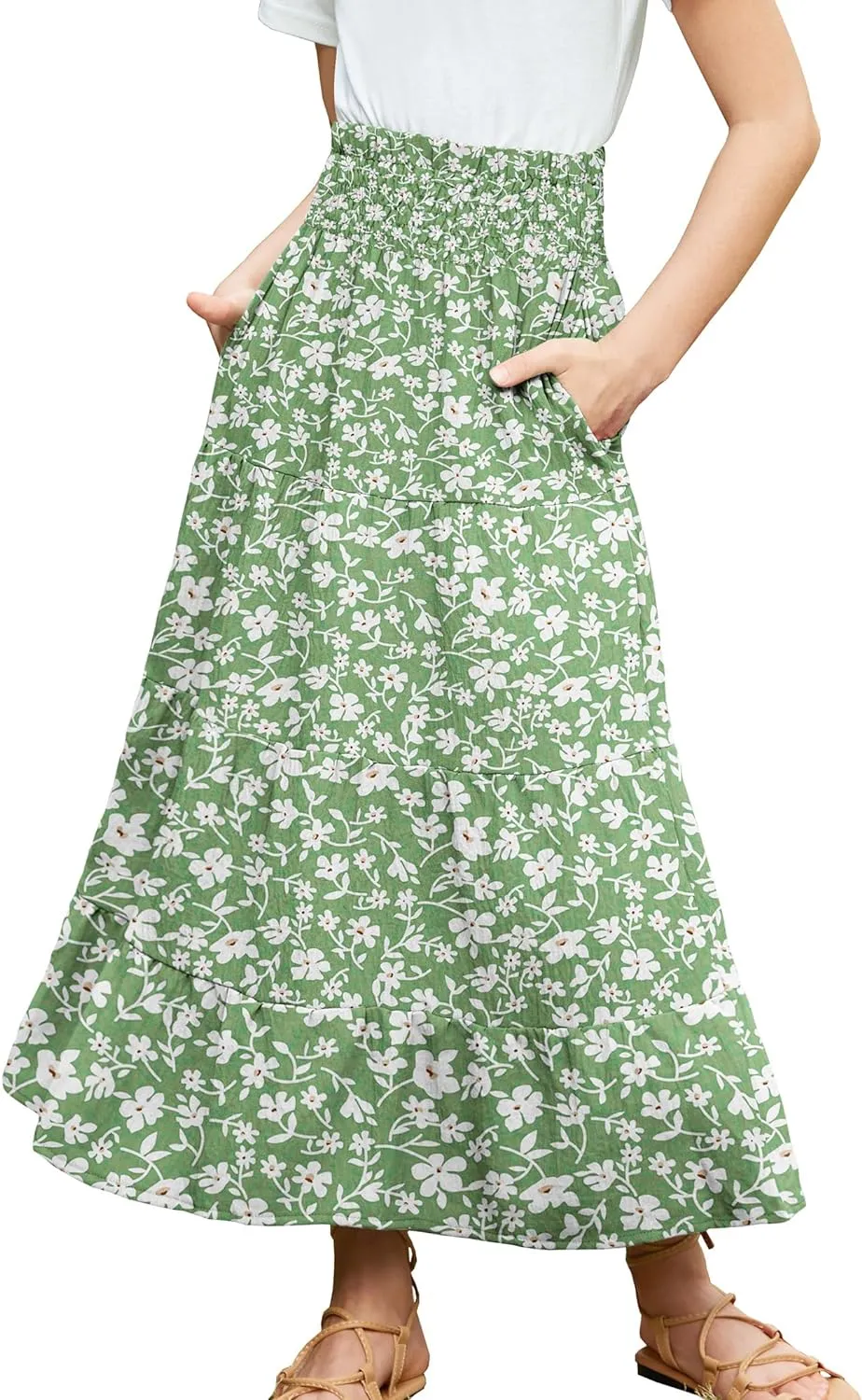 Arshiner Girls Maxi Skirt Summer Linen High Waist Tiered Boho Skirts with Pockets