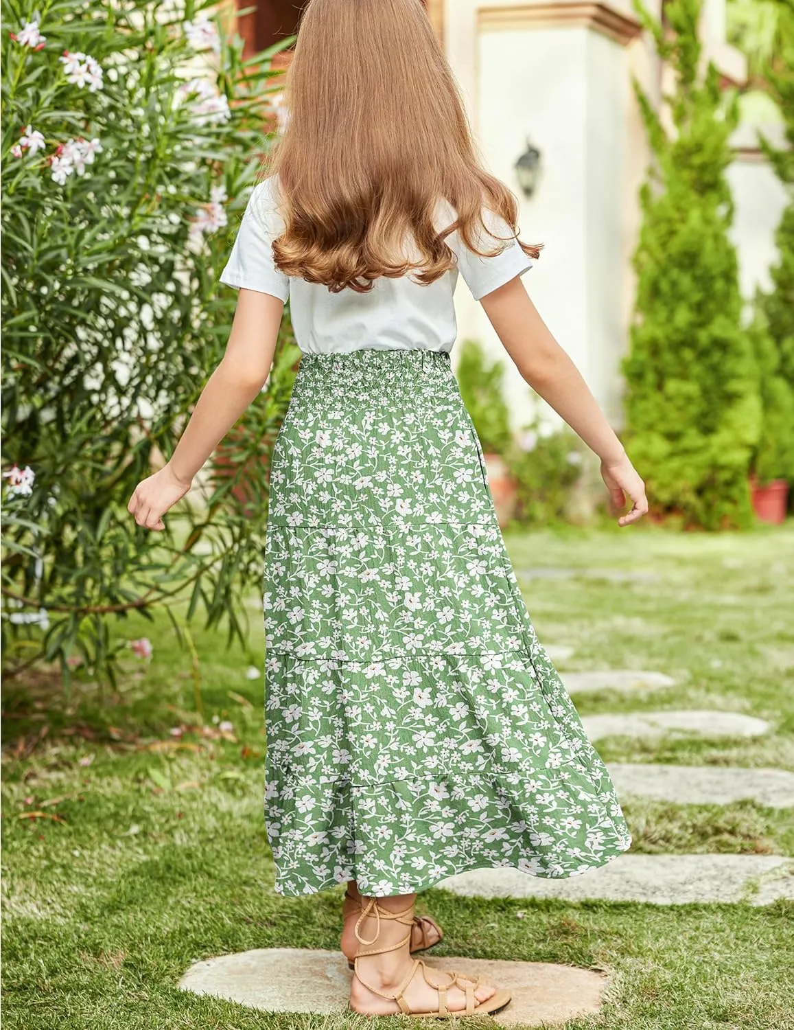 Arshiner Girls Maxi Skirt Summer Linen High Waist Tiered Boho Skirts with Pockets