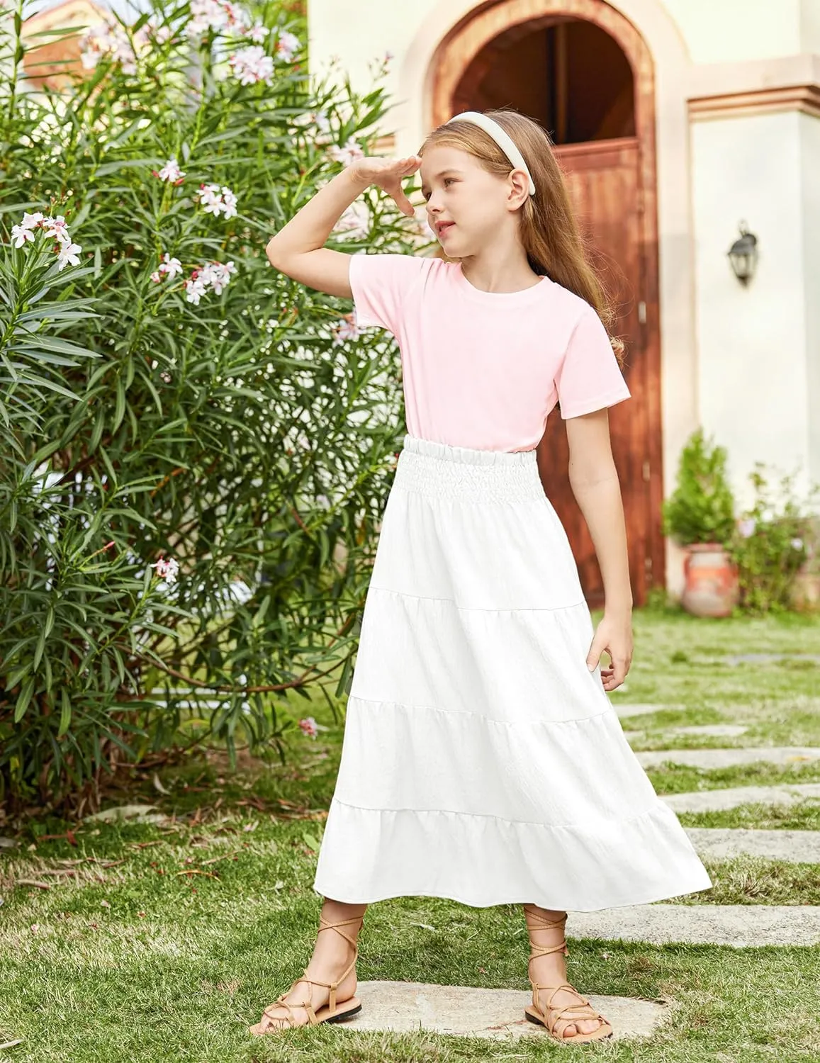 Arshiner Girls Maxi Skirt Summer Linen High Waist Tiered Boho Skirts with Pockets
