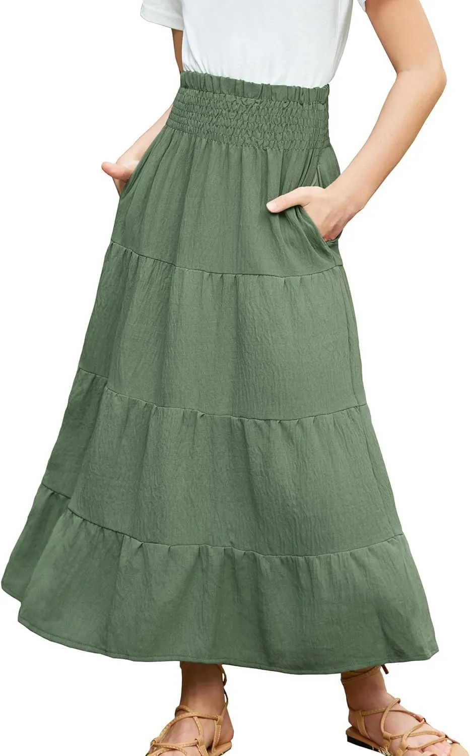 Arshiner Girls Maxi Skirt Summer Linen High Waist Tiered Boho Skirts with Pockets