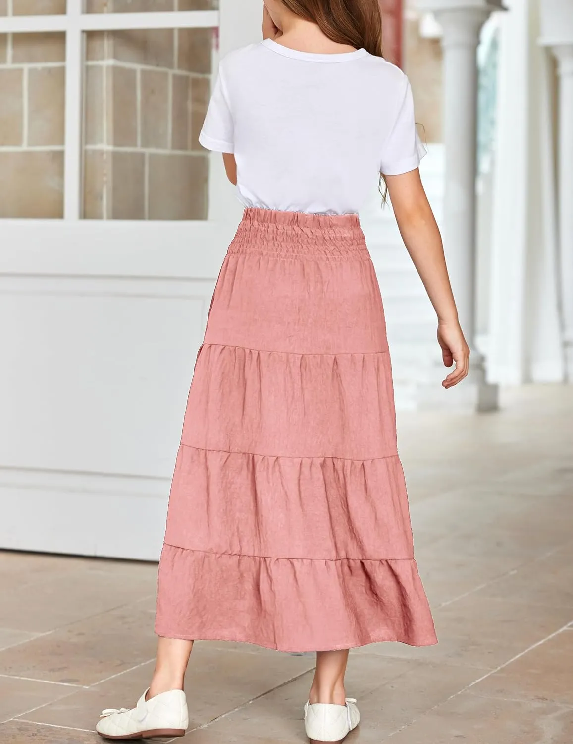 Arshiner Girls Maxi Skirt Summer Linen High Waist Tiered Boho Skirts with Pockets