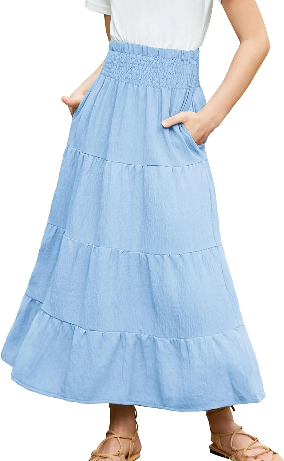 Arshiner Girls Maxi Skirt Summer Linen High Waist Tiered Boho Skirts with Pockets
