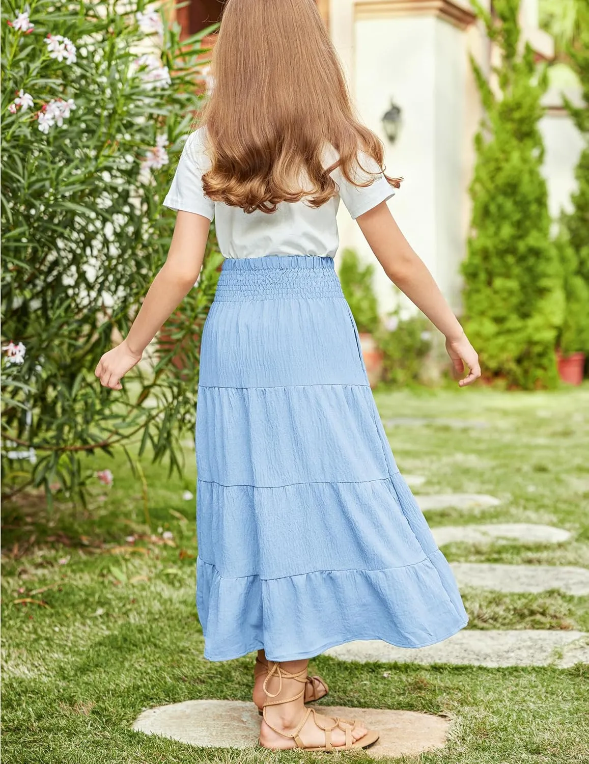 Arshiner Girls Maxi Skirt Summer Linen High Waist Tiered Boho Skirts with Pockets