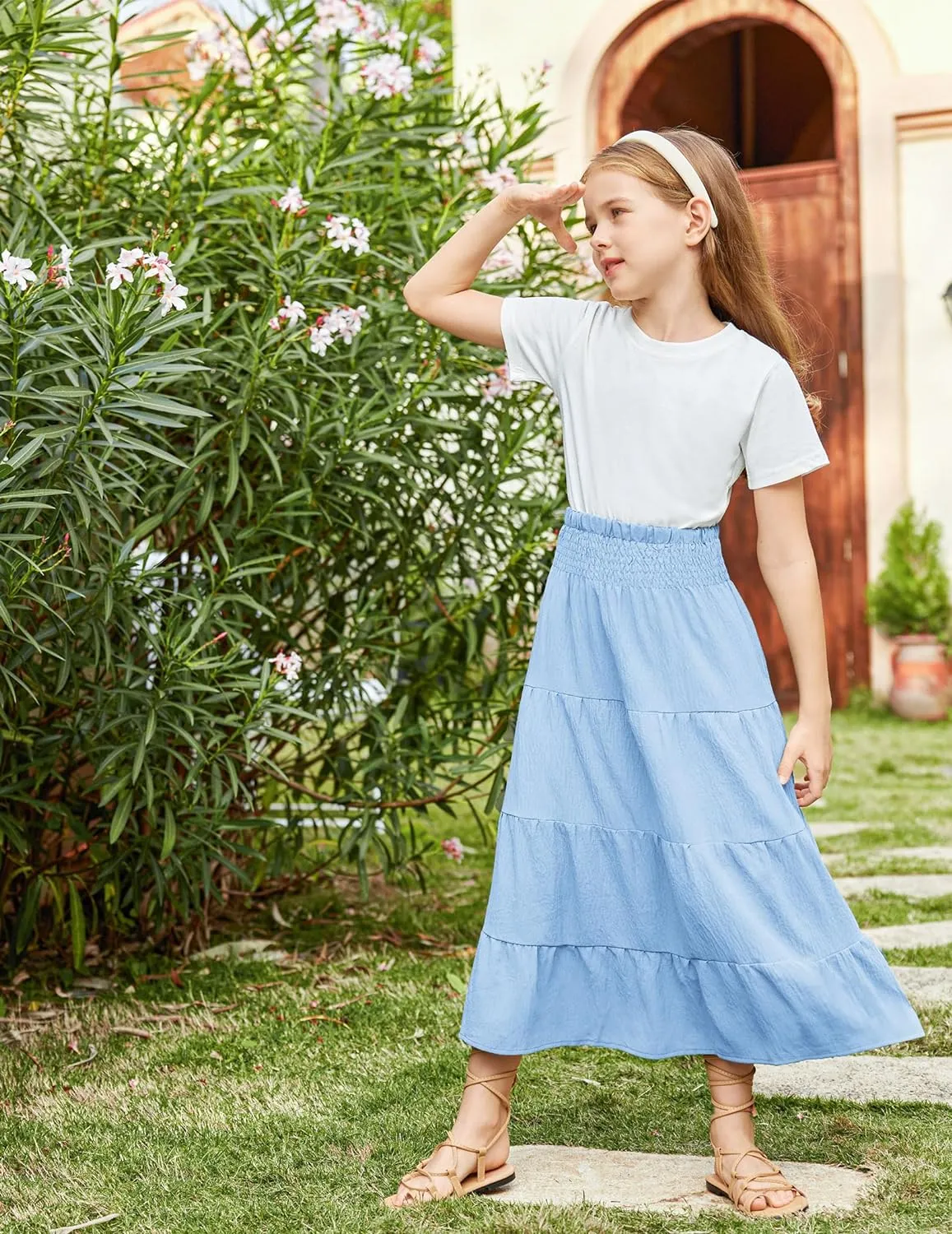 Arshiner Girls Maxi Skirt Summer Linen High Waist Tiered Boho Skirts with Pockets