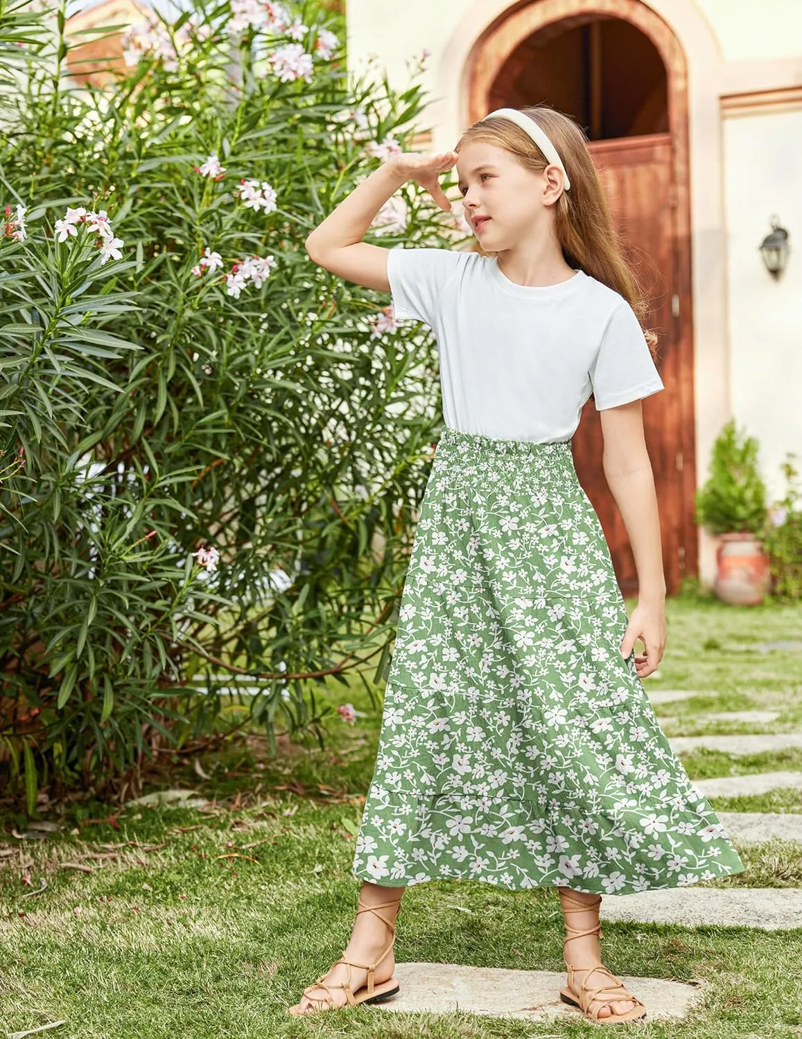 Arshiner Girls Maxi Skirt Summer Linen High Waist Tiered Boho Skirts with Pockets