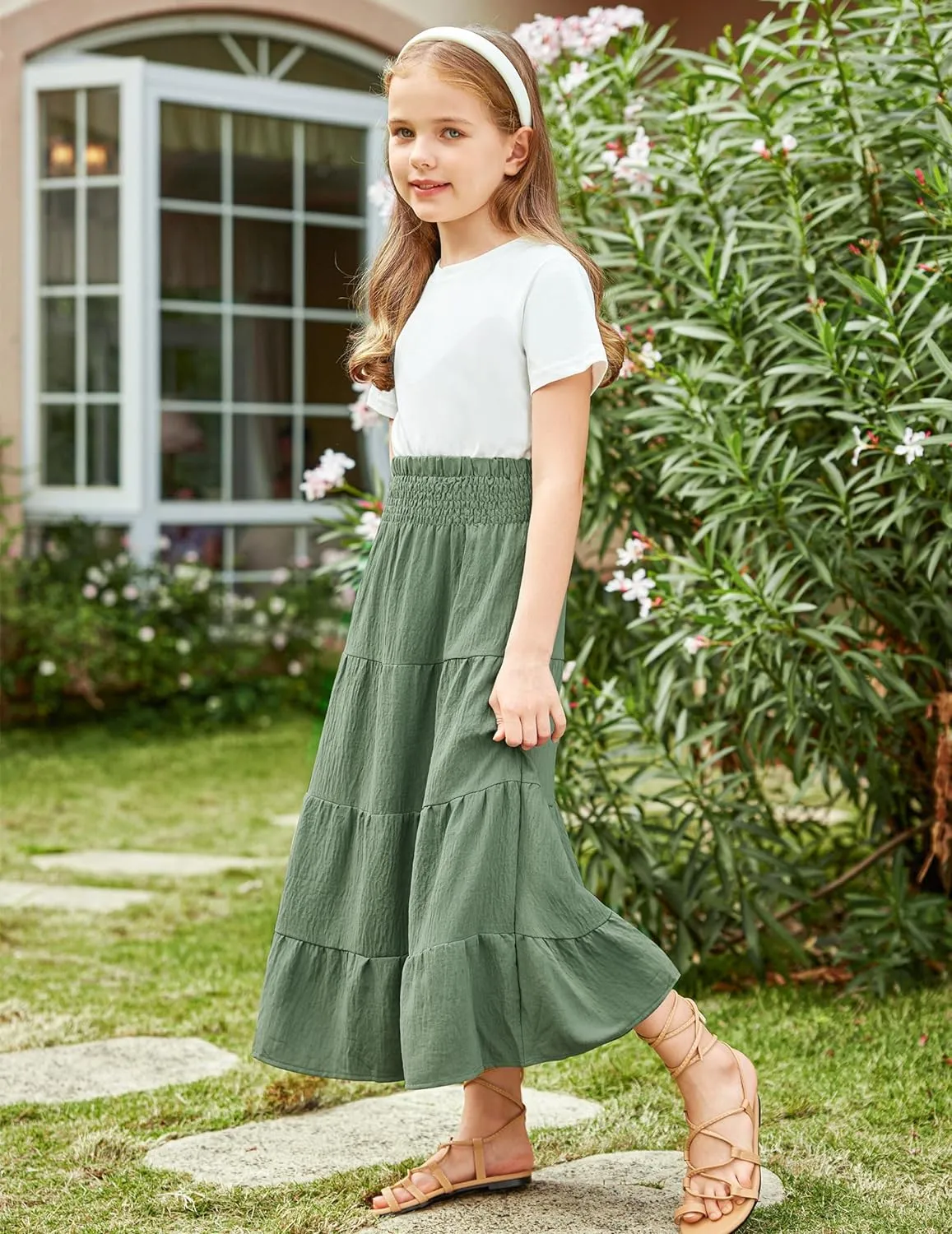 Arshiner Girls Maxi Skirt Summer Linen High Waist Tiered Boho Skirts with Pockets