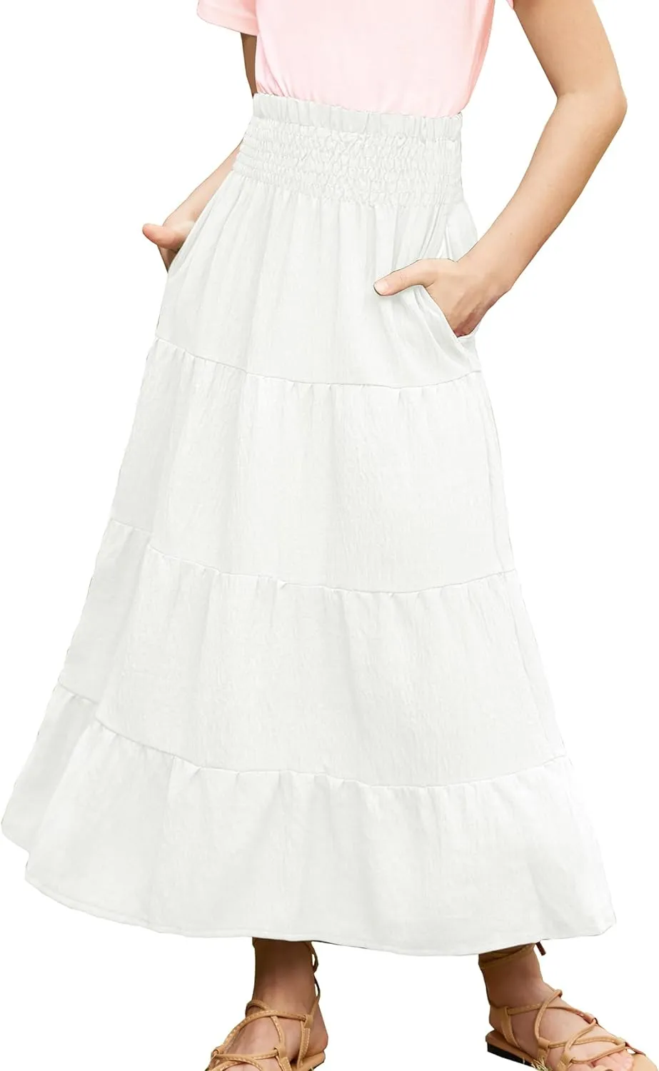 Arshiner Girls Maxi Skirt Summer Linen High Waist Tiered Boho Skirts with Pockets