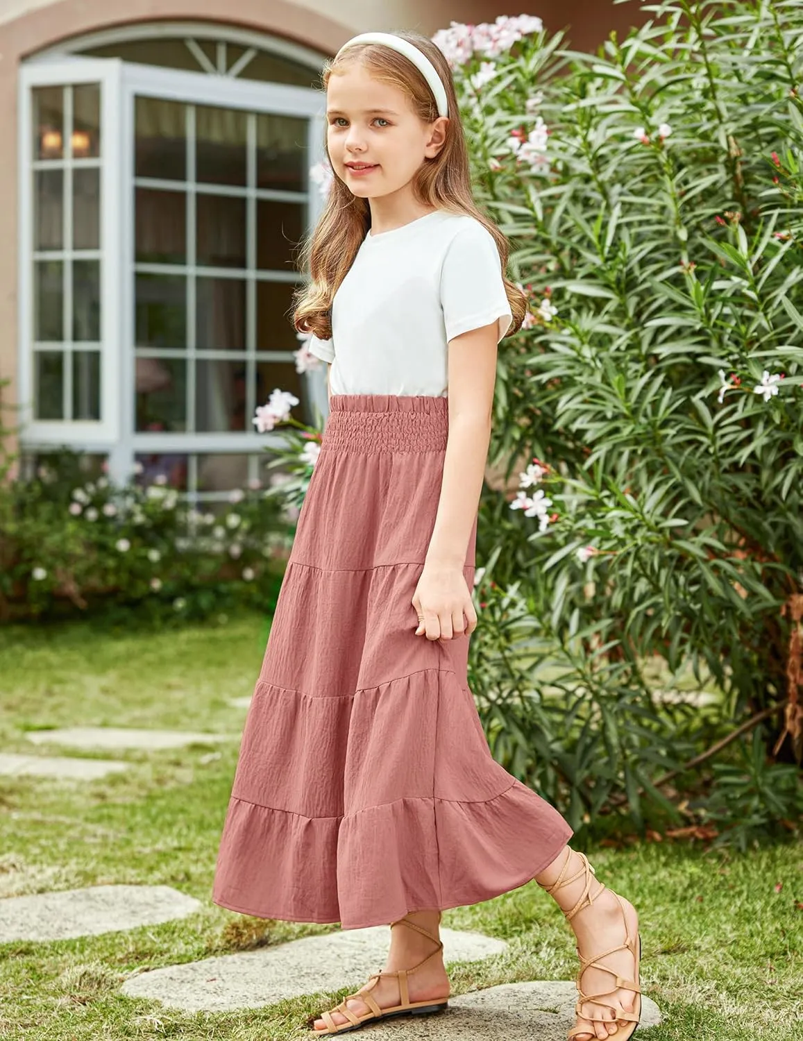 Arshiner Girls Maxi Skirt Summer Linen High Waist Tiered Boho Skirts with Pockets