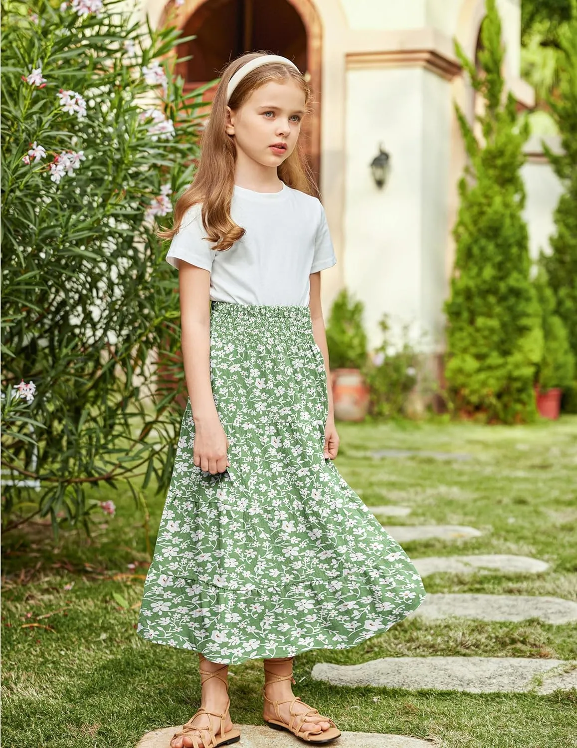 Arshiner Girls Maxi Skirt Summer Linen High Waist Tiered Boho Skirts with Pockets