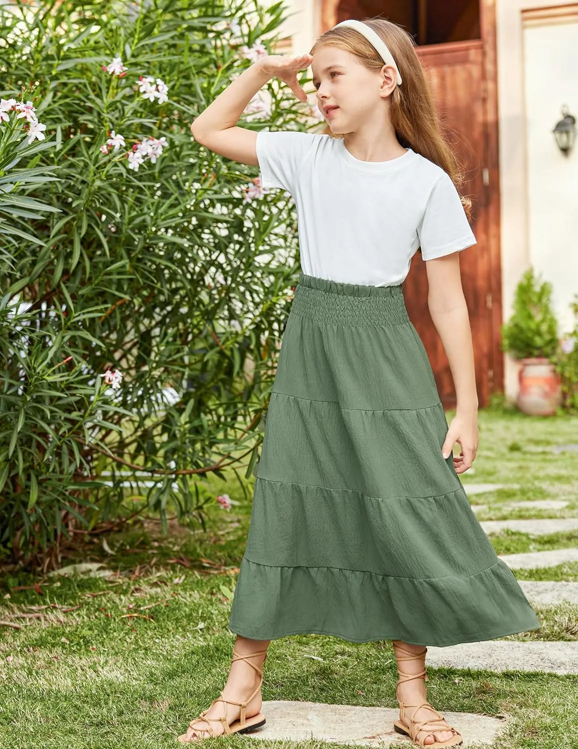Arshiner Girls Maxi Skirt Summer Linen High Waist Tiered Boho Skirts with Pockets