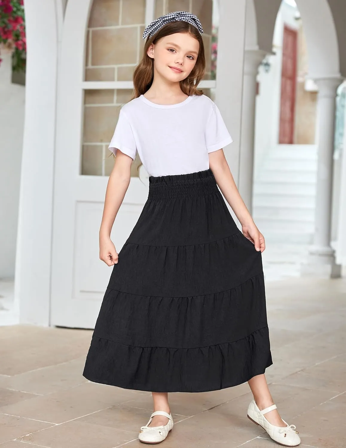 Arshiner Girls Maxi Skirt Summer Linen High Waist Tiered Boho Skirts with Pockets