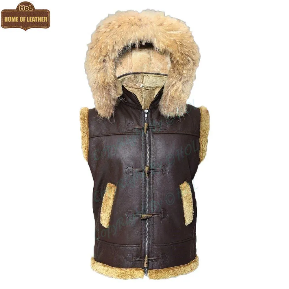 B017 RAF Fur Shearling Brown Hood Genuine Leather Jacket Men's Winter Fashion Vest