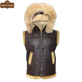 B017 RAF Fur Shearling Brown Hood Genuine Leather Jacket Men's Winter Fashion Vest