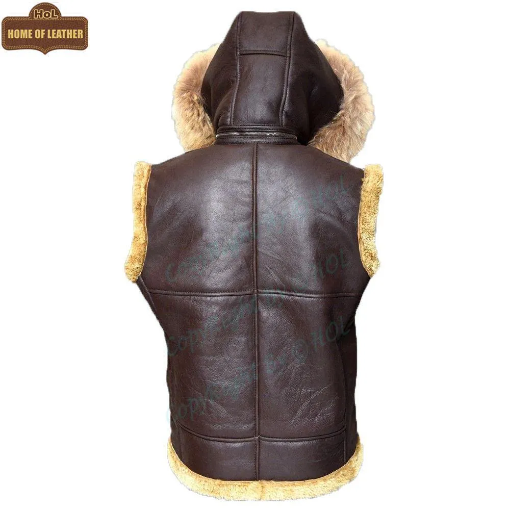 B017 RAF Fur Shearling Brown Hood Genuine Leather Jacket Men's Winter Fashion Vest