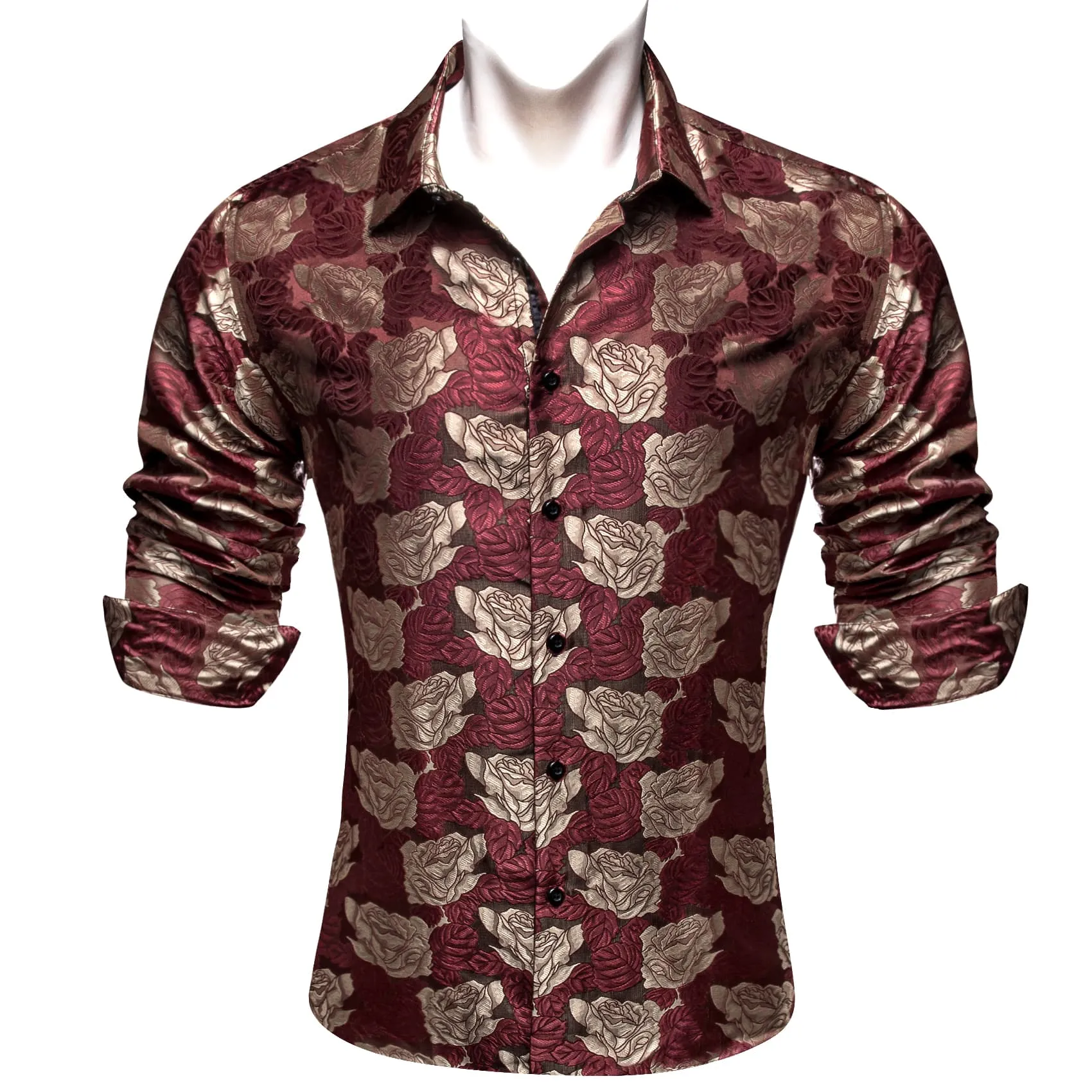 Barry Wang Burgundy Shirt Beige Roses Button Up Mens Long Sleeve Shirt