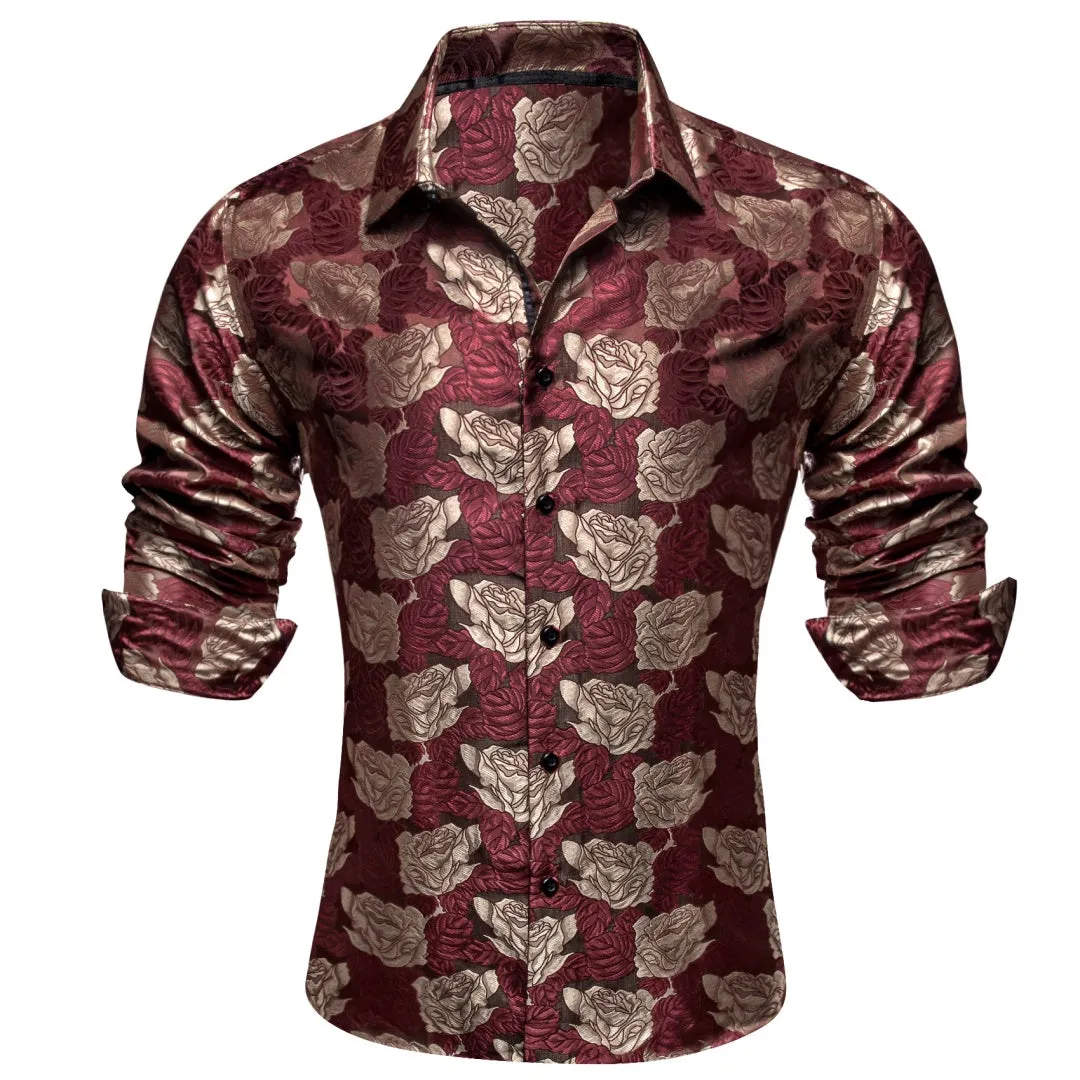 Barry Wang Burgundy Shirt Beige Roses Button Up Mens Long Sleeve Shirt