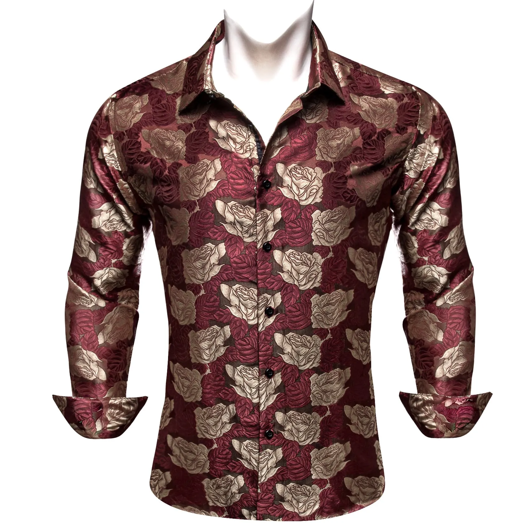 Barry Wang Burgundy Shirt Beige Roses Button Up Mens Long Sleeve Shirt