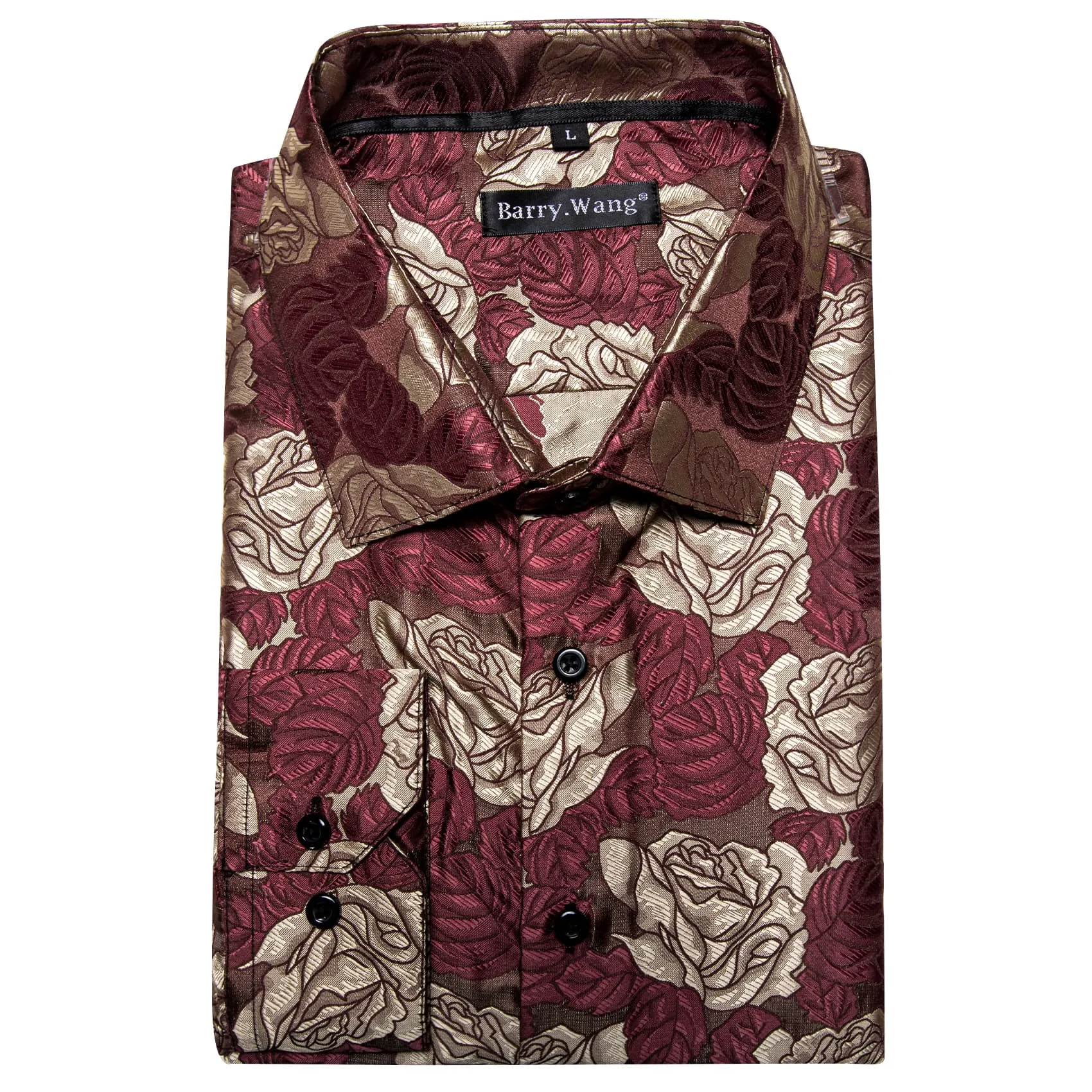 Barry Wang Burgundy Shirt Beige Roses Button Up Mens Long Sleeve Shirt