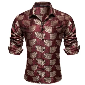 Barry Wang Burgundy Shirt Beige Roses Button Up Mens Long Sleeve Shirt