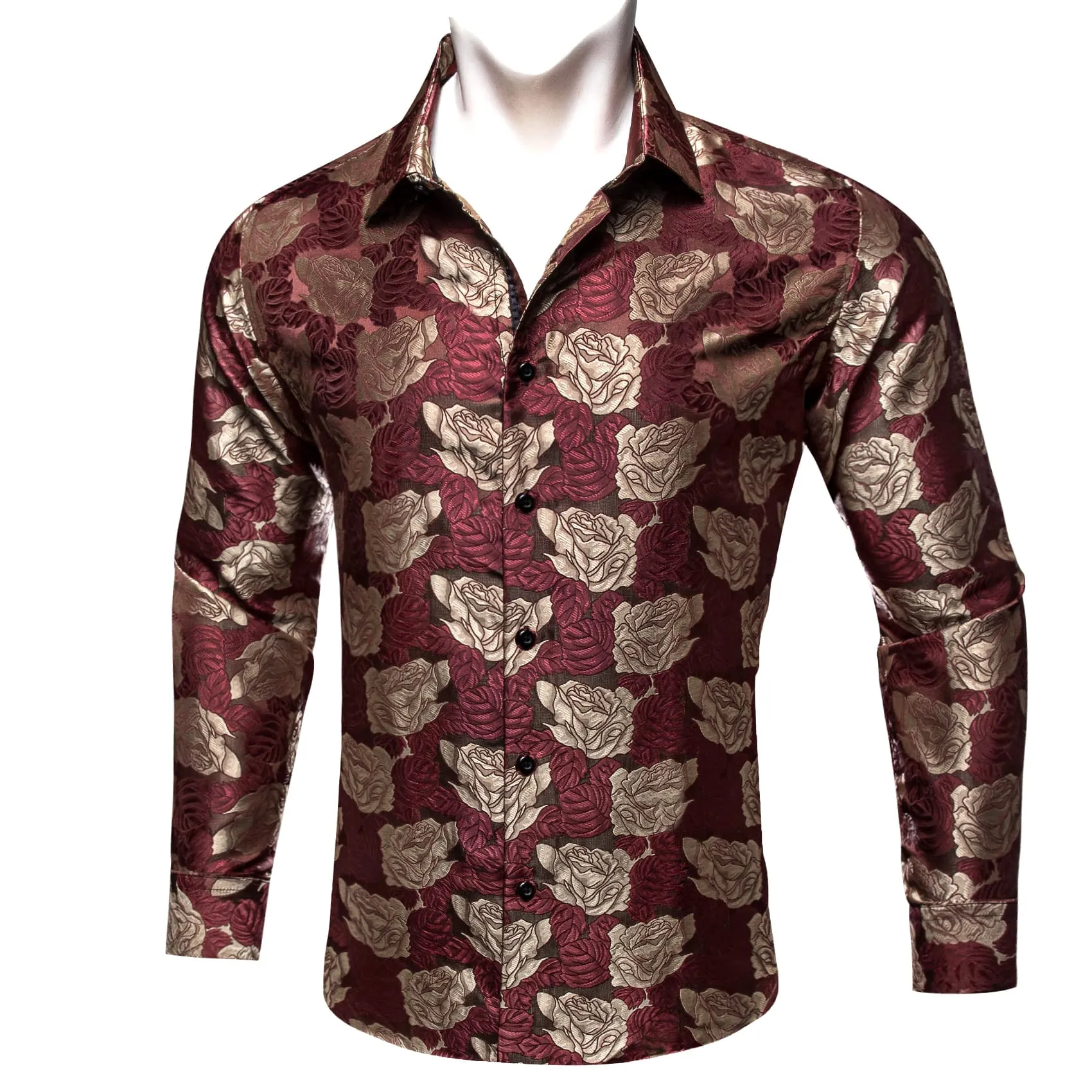 Barry Wang Burgundy Shirt Beige Roses Button Up Mens Long Sleeve Shirt