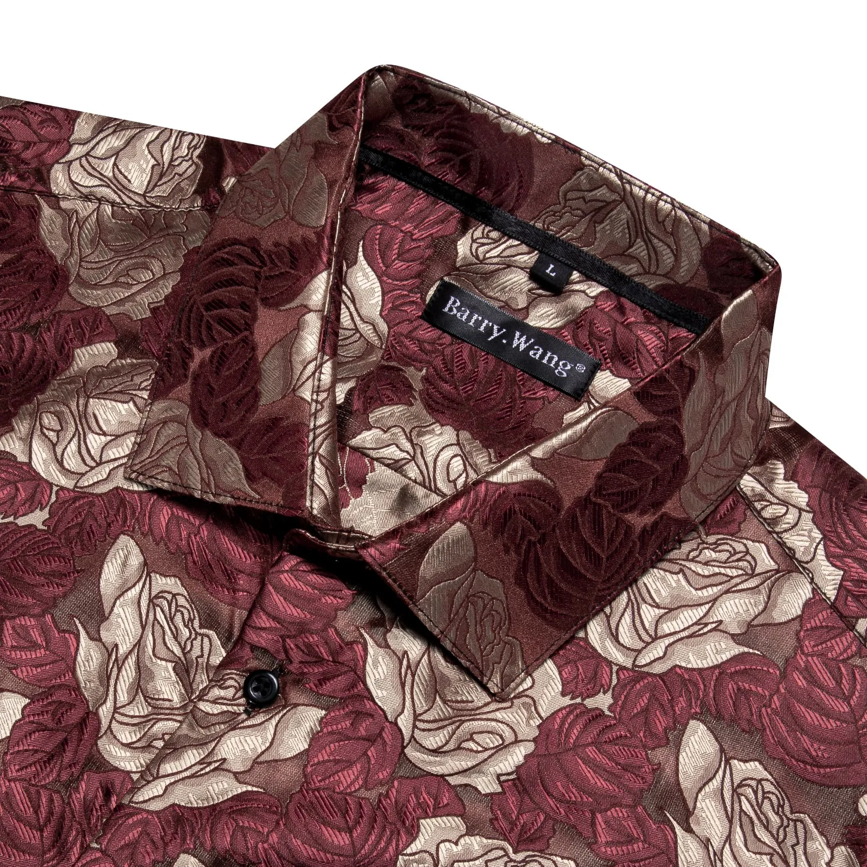 Barry Wang Burgundy Shirt Beige Roses Button Up Mens Long Sleeve Shirt