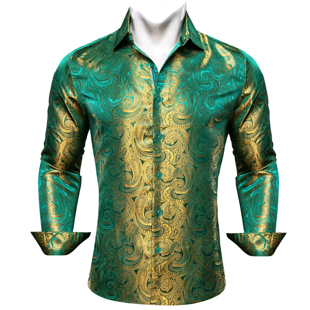 Barry Wang Button Down Shirt Green Gold Paisley Silk Men's Shirt