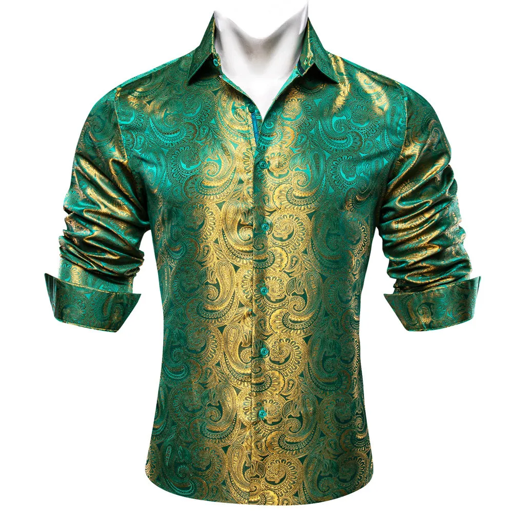 Barry Wang Button Down Shirt Green Gold Paisley Silk Men's Shirt