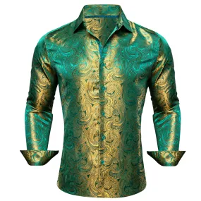 Barry Wang Button Down Shirt Green Gold Paisley Silk Men's Shirt