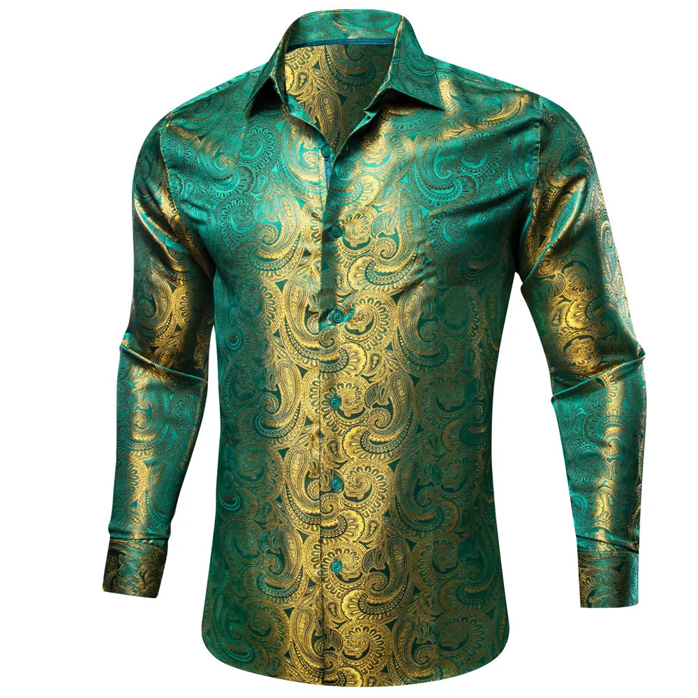Barry Wang Button Down Shirt Green Gold Paisley Silk Men's Shirt
