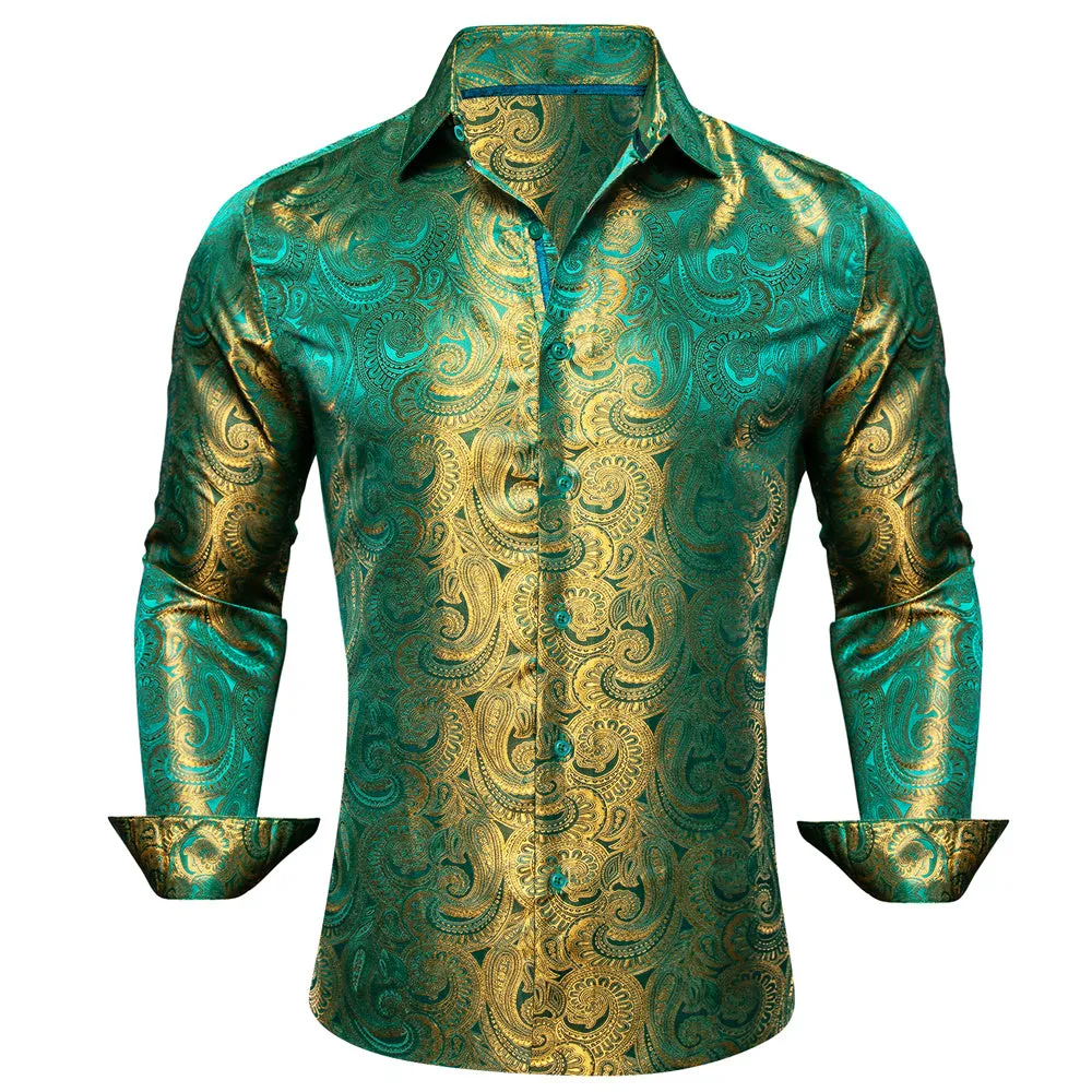 Barry Wang Button Down Shirt Green Gold Paisley Silk Men's Shirt